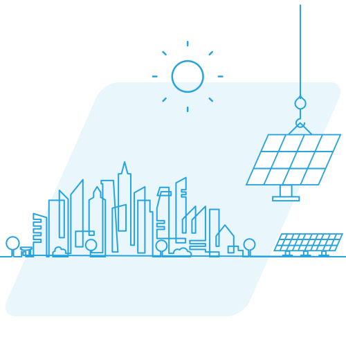 line art of a city with solar panels being installed
