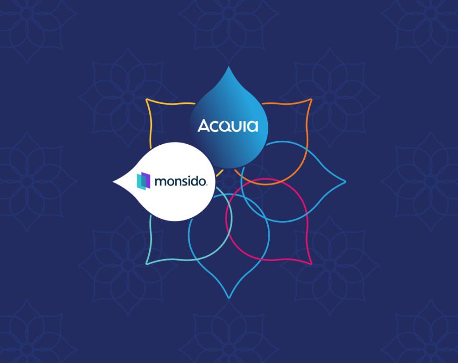 Color graphic of flower design with two petals showing the Acquia and Monsido logos