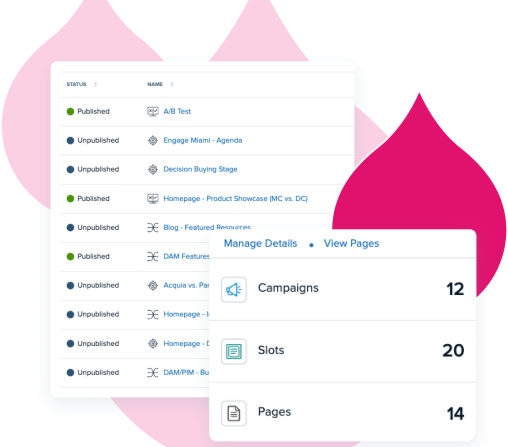various pink acquia droplets with product screenshots of Personalization