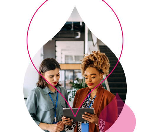 pink acquia droplets with an image of two women looking at a tablet
