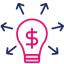 Pink lightbulb with arrows coming out of it and dollar sign in middle
