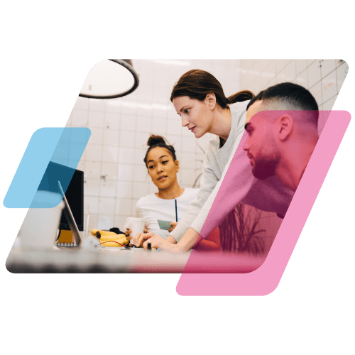 three people looking over a computer surrounded by pink and blue parallelograms