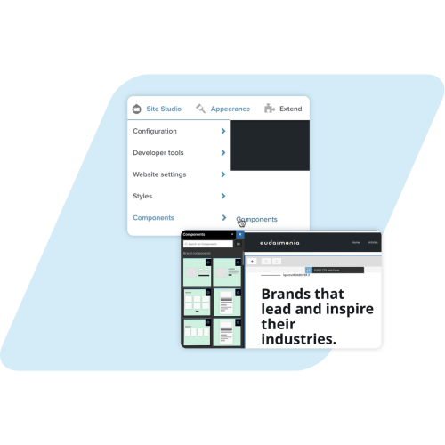Blue parallelogram with acquia product screenshots