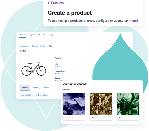 Various teal droplets with product screenshots of Acquia DAM