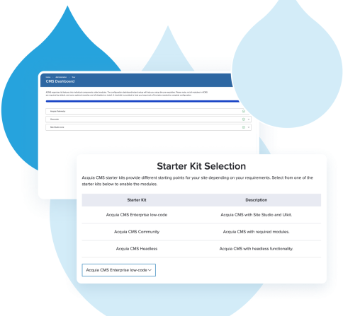 Acquia droplets with screenshots from the Acquia CMS Starter Kit