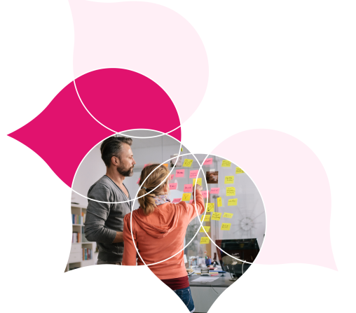 pink acquia droplets with an image of two people talking over a sticky note wall