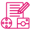 pink icon of a document being written a movie reel and a camera